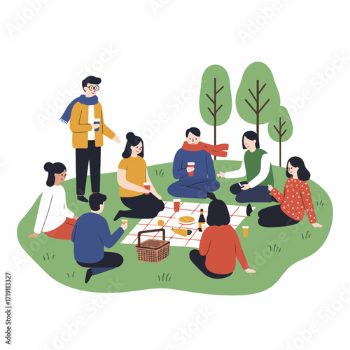 Group of diverse young friends enjoying a cheerful autumn picnic in the park, socializing and relaxing outdoors with food and drinks on a cozy blanket, flat design illustration.