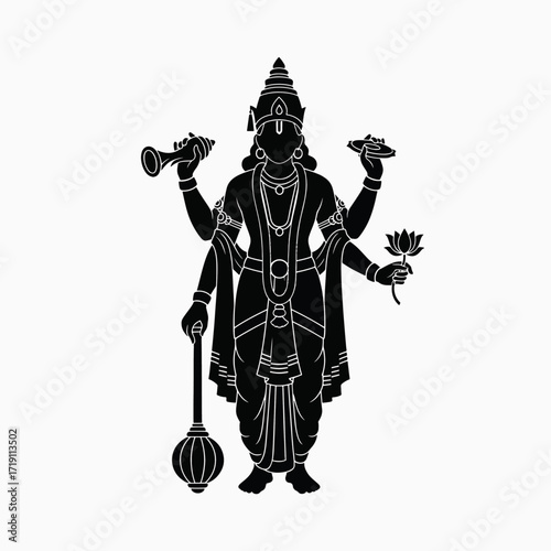 Depiction of Hindu Deity Vishnu Holding Sacred Symbols of Divinity and Power
