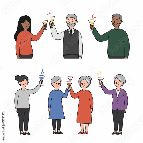 Diverse group of happy senior adults toasting with drinks at a celebration, depicted in a friendly cartoon illustration style against a white background.