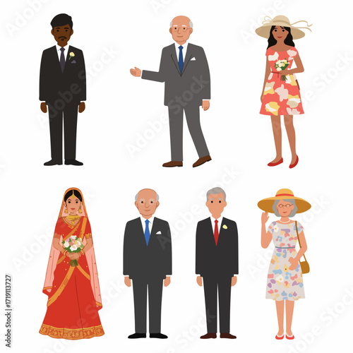 Diverse group of illustrated wedding guests and a bride, depicting various ages and ethnicities in formal and traditional attire, suitable for event planning and multicultural celebrations.