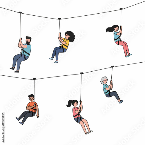 Diverse individuals enjoying a zipline adventure, showcasing an active outdoor group activity and recreational thrill.