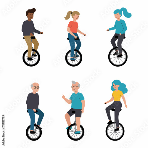 Smiling diverse characters of different ages and genders riding unicycles, representing balance, skill, and active recreation in flat illustration style.