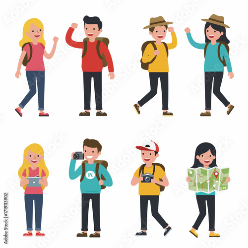 Diverse Group of Happy Young Travelers and Tourists in Flat Design Vector Illustration Collection