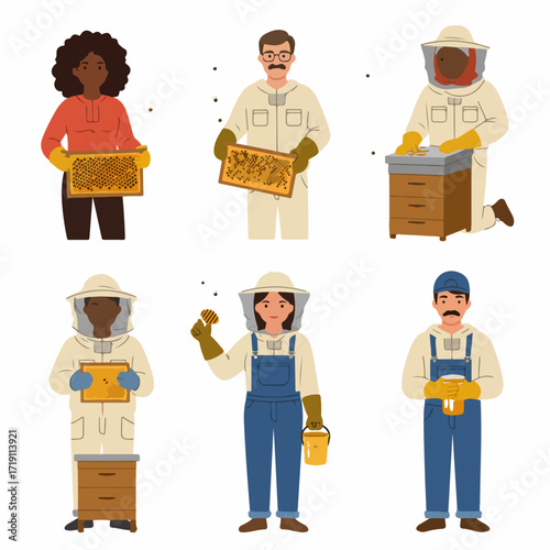 Diverse beekeepers engaged in honey production, harvesting honeycombs, and maintaining beehives. Flat illustration depicting apiarists with natural and sustainable practices.