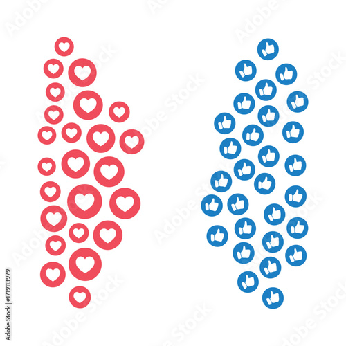 Social media likes and hearts icons forming abstract shapes on a white background
