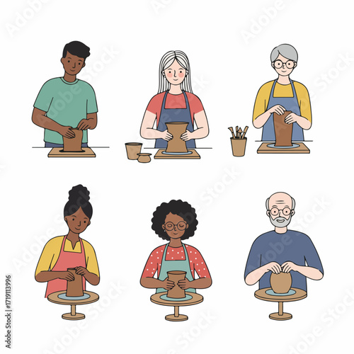 Diverse individuals of various ages and ethnicities joyfully creating handmade pottery on spinning wheels, illustrating the creative craft of ceramics.