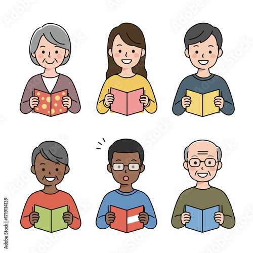 Diverse group of people of various ages and genders happily reading books, engaged in learning and literacy, fostering knowledge and personal growth.