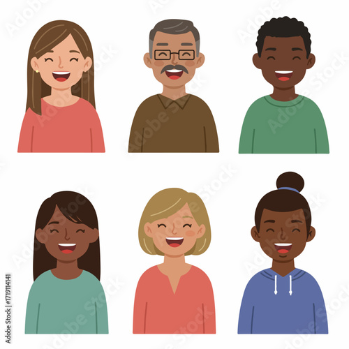 Collection of diverse, happy smiling flat design avatars representing various ages, genders, and ethnicities, perfect for illustrating joy and inclusivity.
