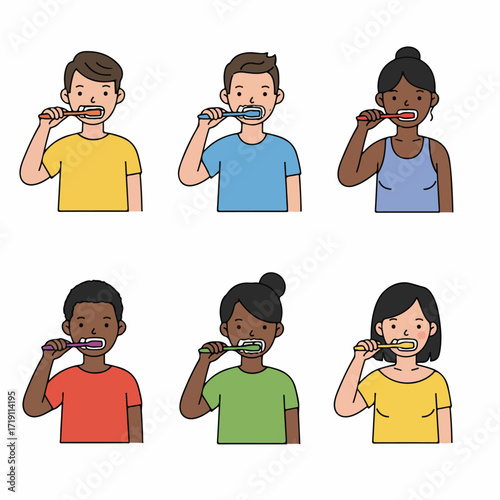 Diverse individuals performing oral hygiene, showcasing the daily routine of brushing teeth for good dental health and a clean mouth.