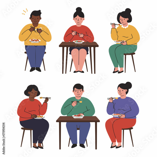 Diverse People Enjoying Meals with Chopsticks, Social Dining Experience Illustration.