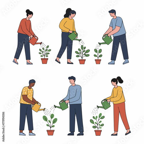 Diverse group of people diligently watering potted plants, symbolizing care, growth, and a commitment to nurturing the environment and fostering community.