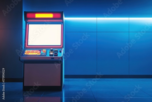 Illuminated arcade machine in a room with blue light