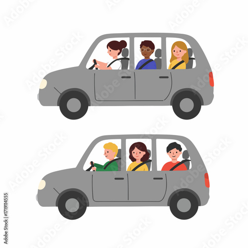 Diverse groups of happy people driving cars, emphasizing road safety with seatbelts in a flat cartoon illustration style.