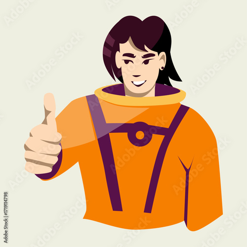 Confident young man in a futuristic orange uniform gives a thumbs-up