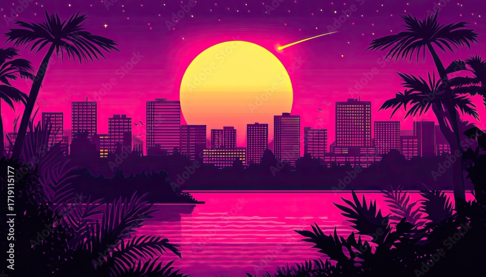Fototapeta premium Sunset city, tropical vibe, vibrant colors