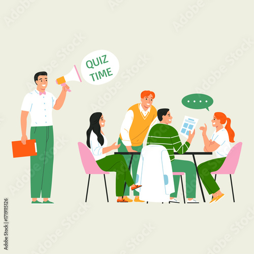Group of diverse people participating in a fun and engaging team quiz game