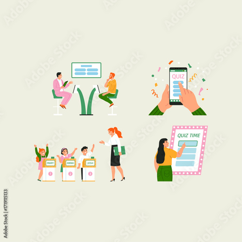 Vector illustration set of educational quiz games and learning contests