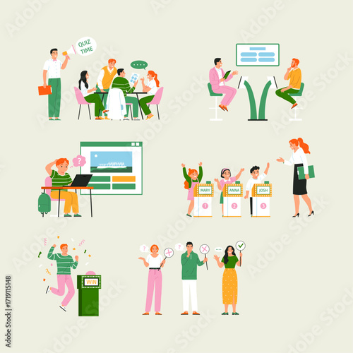 Set of vector illustrations showing people in quiz and trivia contests