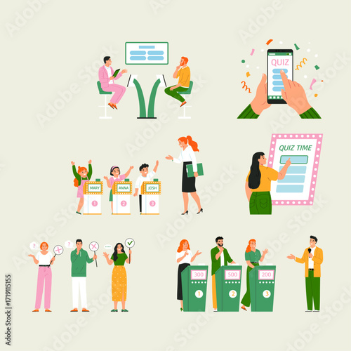 Quiz Time Illustrations Various Scenes of People Engaging in Quizzes