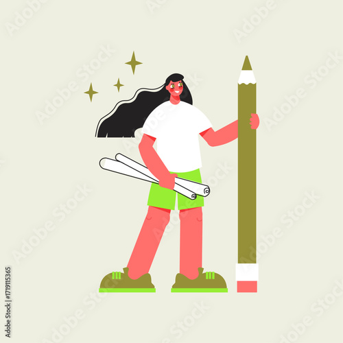 Artistic Woman with Pencil, Rolls of Paper, and Creative Spark