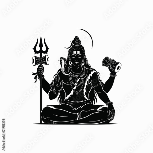 Illustrative Depiction of Lord Shiva Meditating in Lotus Pose Holding Sacred Symbols