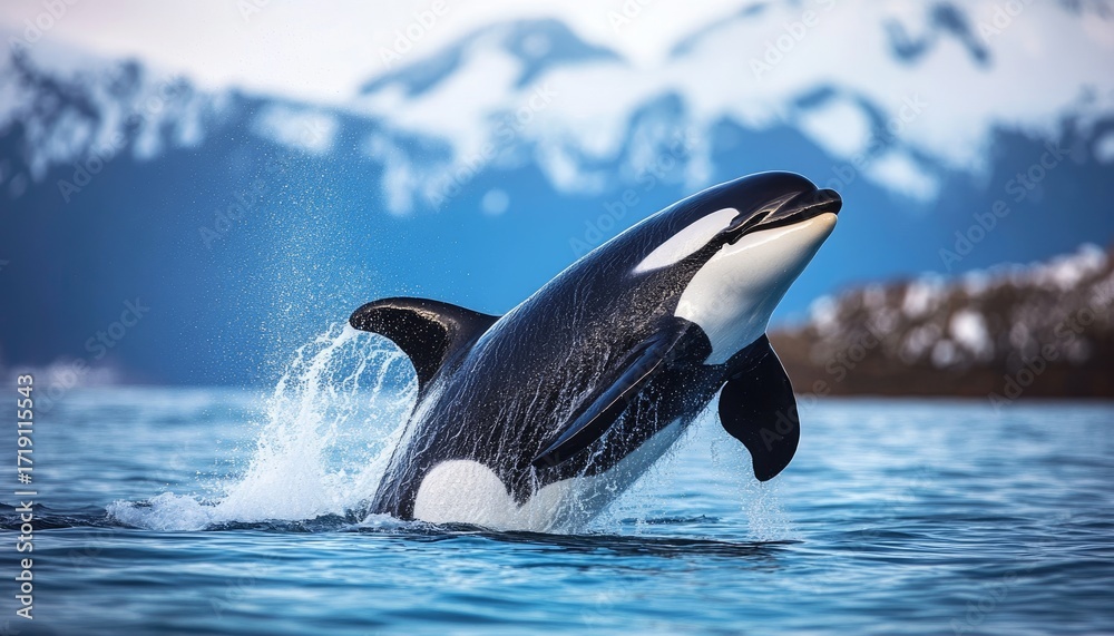 Fototapeta premium Orca leaping, snowy mountains background