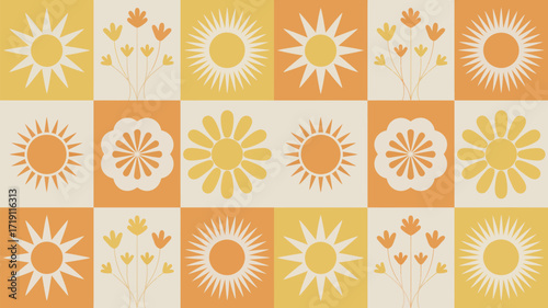 Embrace summer vibes with this cheerful pattern of stylized suns and flowers in warm, earthy tones, perfect for adding a retro touch to your design projects and bringing a smile to your audience