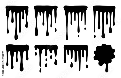 Collection of various dripping liquid shapes, in black and white.