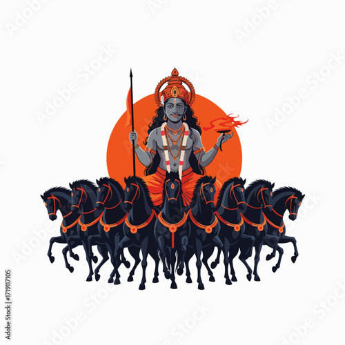 Ancient Indian Deity Surya Driving His Sun Chariot Pulled by Seven Horses