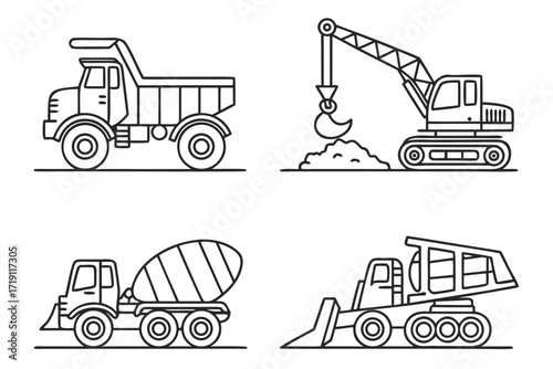 A vector illustration of heavy construction machinery, including a bulldozer, crane, and forklift, isolated on white