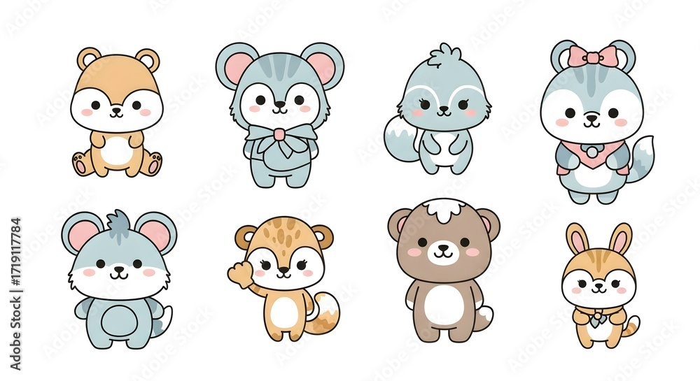 Fototapeta premium A collection of eight cute cartoon forest animals in a kawaii style, featuring bears, mice, squirrels, and a rabbit with soft pastel colors on a white background.