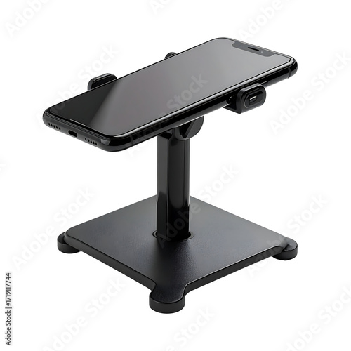 A sleek, black, adjustable smartphone stand with a square base and a sturdy central column, designed for convenient hands-free viewing