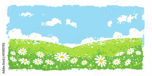 Vibrant green rolling hills dotted with white daisies under a bright blue sky with fluffy clouds
