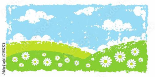 Charming cartoon illustration of a bright green rolling landscape with white daisies under a blue sky with fluffy clouds