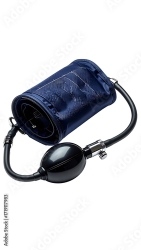 A dark-blue blood pressure cuff with a black bulb and connecting tubing, isolated on a black background