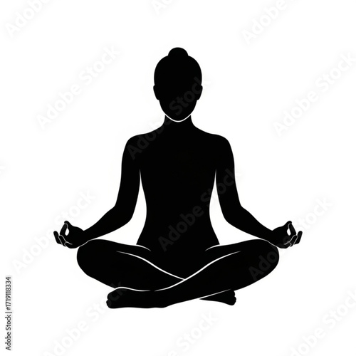 Woman meditating in lotus pose silhouette isolated on white background