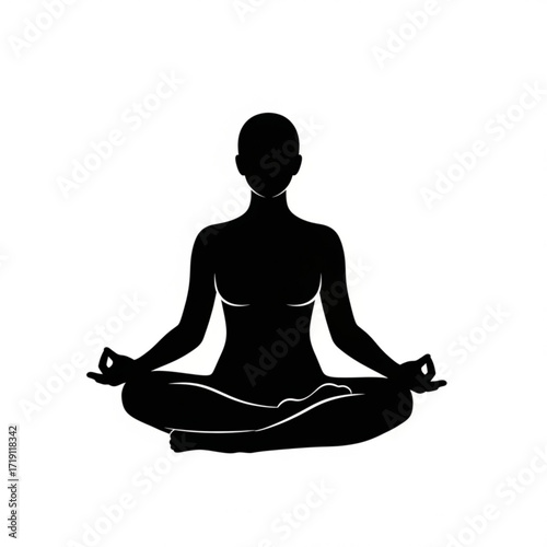 Female yoga silhouette meditating in lotus pose isolated on white background