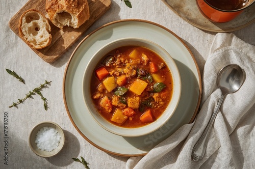 Herbstlicher Gemüsetopf mit Kartoffeln Karotten Kürbis und Brot in Draufsicht