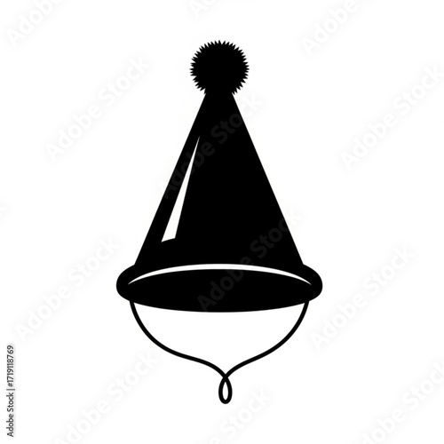 Black party hat silhouette with pom pom isolated on white background