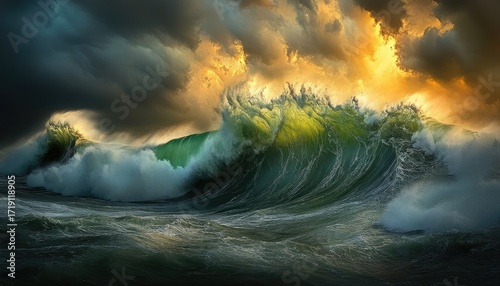 Dramatic waves crash against a vibrant sunset sky