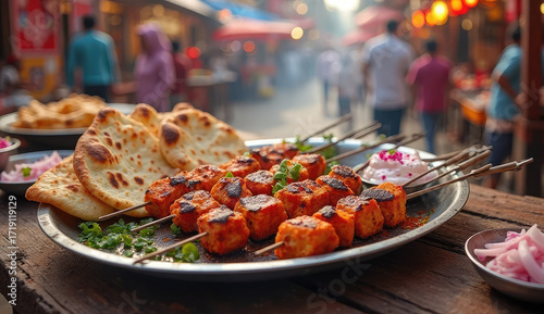 Delicious street food skewers and naan in a vibrant market setting.