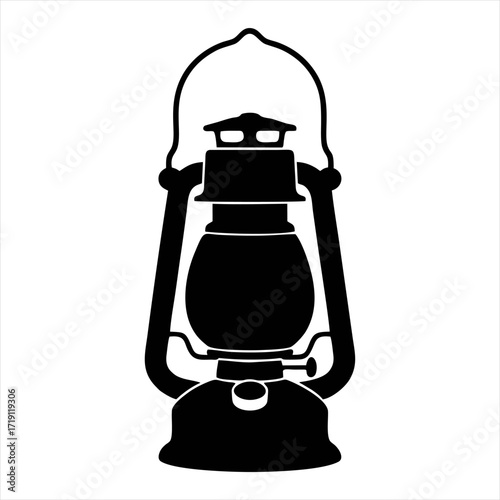 A black silhouette vector illustration of a classic vintage oil lantern or hurricane lamp on a white background.