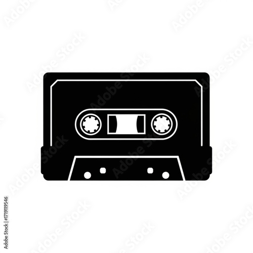 Black cassette tape silhouette isolated on white background