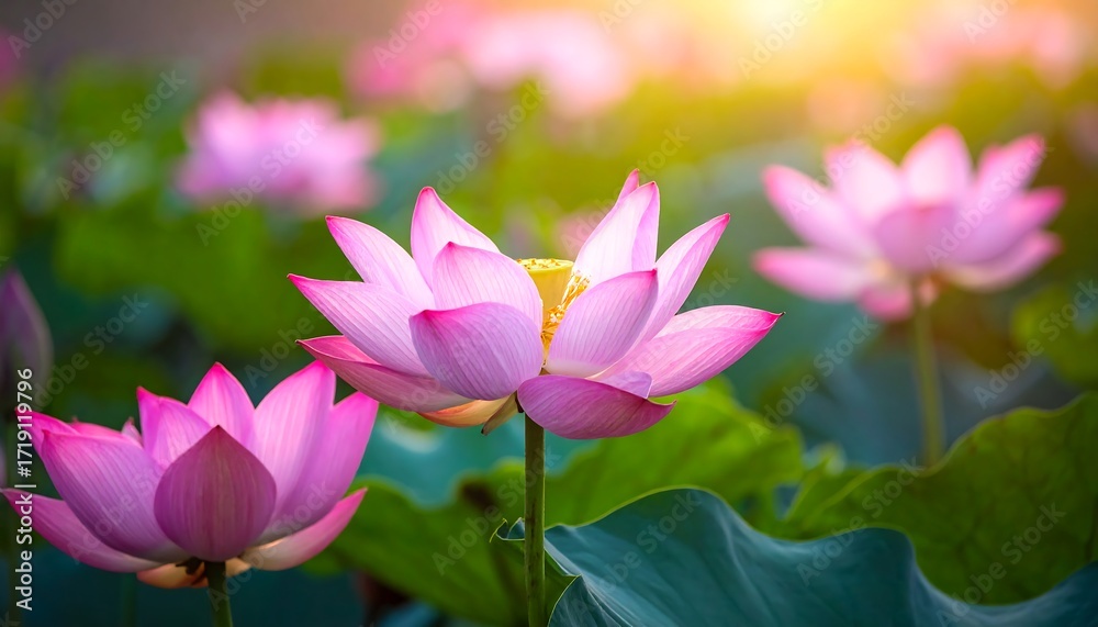 Obraz premium Pink Lotus Flowers in Full Bloom with Sunlight.