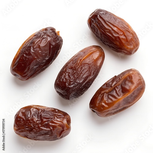 Wallpaper Mural Five whole dried dates with glossy brown wrinkled skin arranged on white background Torontodigital.ca