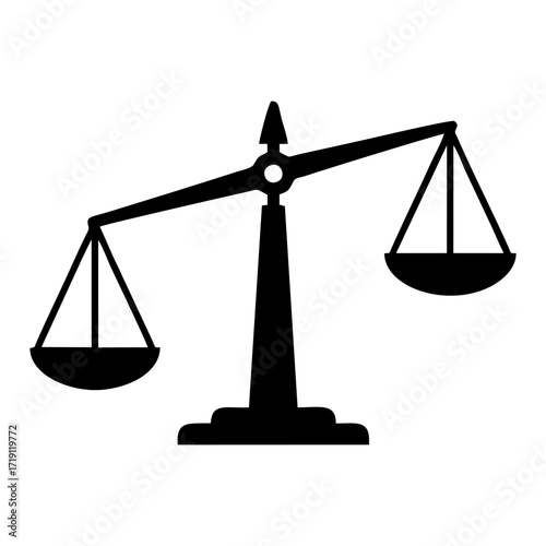 A black silhouette of a traditional two-pan balance scale, tilted to one side, representing imbalance, inequality, or injustice.