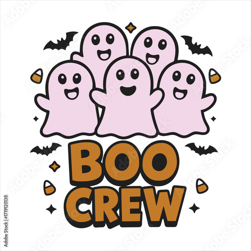 Cute halloween boo crew ghost friends with bats candy corn and stars festive design