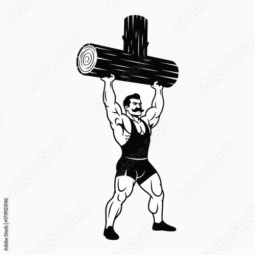 Strongman athlete lifting a heavy log overhead with powerful muscles and mustache