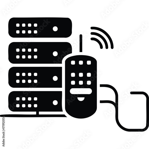 A black and white depiction of servers connected to a remote control illustrating automation concept silhouette