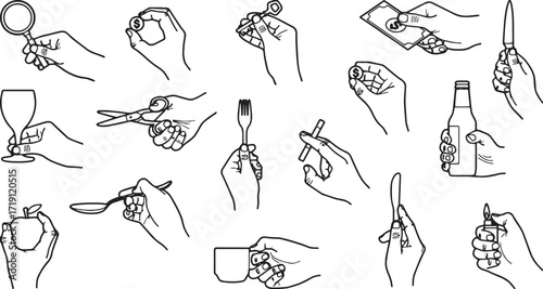 Various line art of hands holding different objects